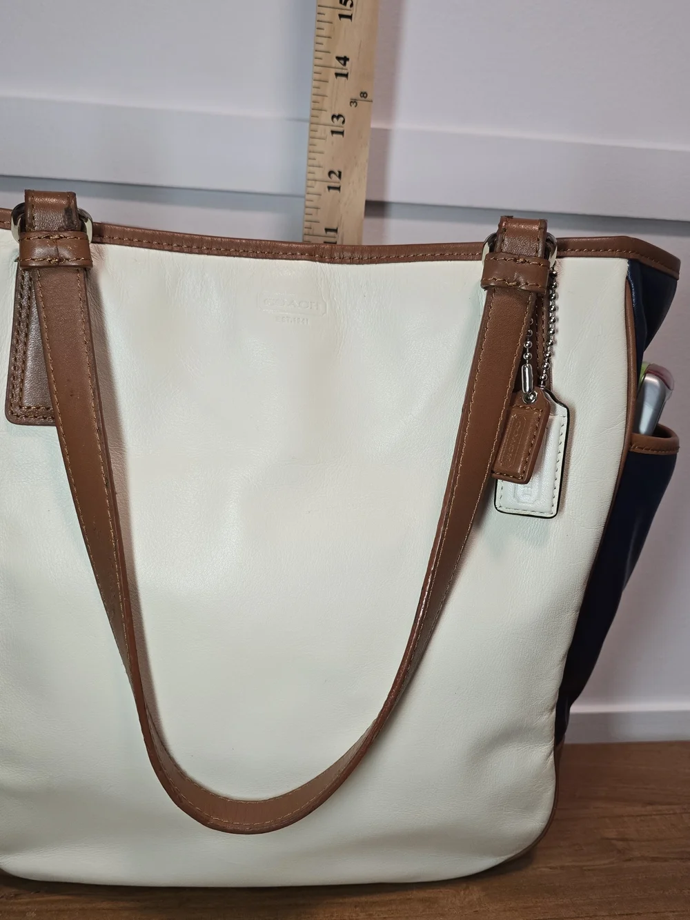 Coach Cream and Navy Tote with Brown Trim